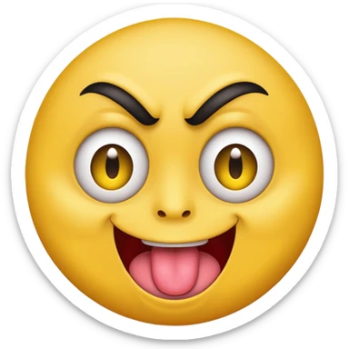 A yellow round face emoji smirking with its tounge out but the eyes are evil and kind of crazy and the eyebrows are turned in but one is raised  sticker
