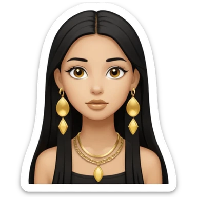 Pero que sea de una chica morena con pelo negro largo lacio. Que siempre utilize aretes dorados y axxesorios dorados y que sea AESTHETIC como pinterest sticker