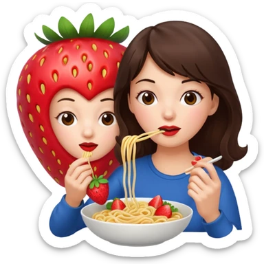 A brunette woman eating noodles next to a giant strawberry sticker