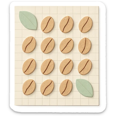 coffee bean pattern grid paper background with leaves, soft pastel style, transparent background sticker