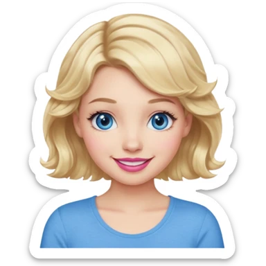 Girl Blonde short wavy hair,  blue eyes, cute blue top, long lashes, pink lips, 👄 big smile sticker