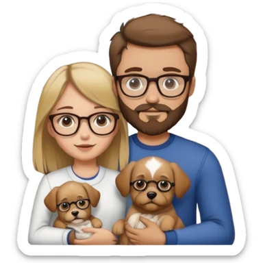 brown haired bearded man wearing glasses with a blond girl holding a puppy with a front door behind them sticker