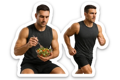 uomo fitness che mangia insalata accanto a uomo identico esteticamente che corre, iperrealistici 4k sticker