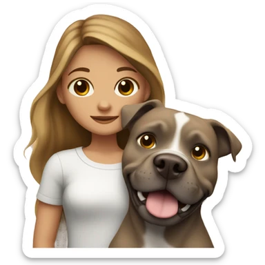 a girl with dark blond long hair with gray eyes hugging a brown pit bull dog sticker