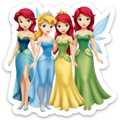 four minimal Disney princesses in one image: Belle with yellow dress, Tinkerbell with wings, Ariel with red hair and tail, Cinderella with blue dress sticker