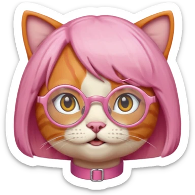 Orange Yellow cat wearing pink bob hair wig, circle glasses sticker