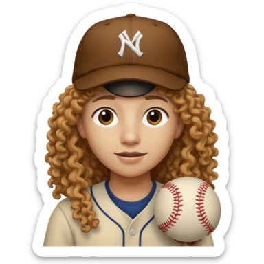 long hair light brown curly pale skin and a baseball hat sticker
