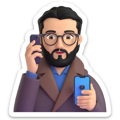 professional man with medium black beard, black hair combed to one side, connected unibrow, olive tan skin, brown eyes, glasses, prominent nose, wearing black coat, intently looking at and interacting with smartphone screen, with subtle office background sticker