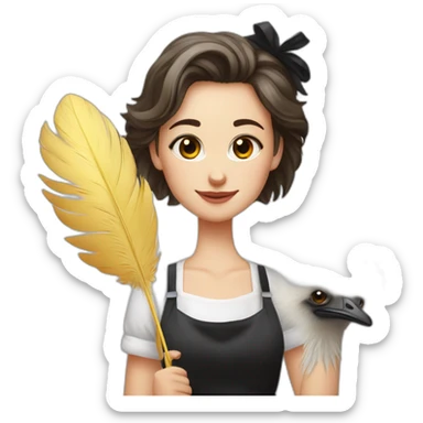 Slavic girl in a white T-shirt and a black apron holds ostrich feathers for dusting sticker