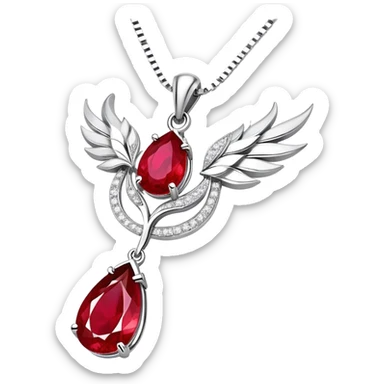 conceptual and ethereal teardrop ruby pendant with fiery light, a tiny phoenix feather emerging, haloed by shimmering white stones, and a silver chain, symbolizing rebirth sticker