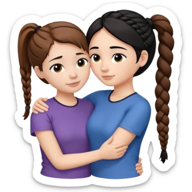 Comforting Hug two white skin women, one shorter woman with brown hair in simple top ponytail, not braided, and one taller woman with black hair in long side braid sticker
