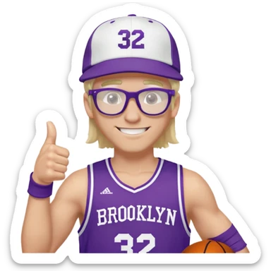
Мужчина одет в фиолетовую спортивную майку с надписью "BROOKLYN CITY" и жёлтым номером "32" на груди. На нём ярко-красные шорты. Бело-чёрная кепка с надписью VANOMAS. Очки с прозрачными линзами. Длинные светло-русые волосы прическа маллет. Улыбается, показывает "палец вверх" (жест "лайк"). В целом выглядит довольным и расслабленным.
 sticker