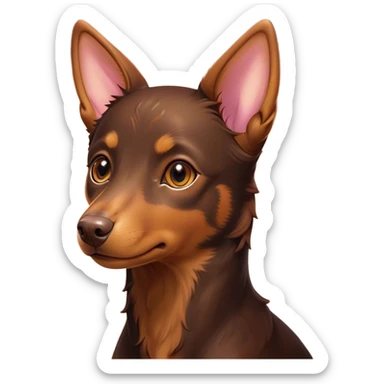 Cinematic Cute Brown and Tan Kelpie Portrait Emoji, Head tilted playfully and inquisitively, featuring a glossy brown Fur with vibrant tan accents, round, sparkling warm eyes filled with curiosity, Simplified yet irresistibly adorable features, highly detailed, glowing with a warm, friendly glow, high shine, affectionate and spirited, stylized with a touch of whimsy, bright and endearing, soft glowing outline, capturing the essence of a mischievous yet loving herder, so playful it feels like it could leap out of the screen and into your arms! sticker