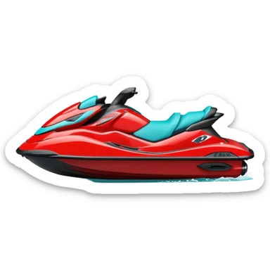 jet ski (red black and white all in the same amount. maybe a red a bit more dominant) on the sea. show the sea under the jet ski - blue with turquoise. no sky - white background instead. DO NOT REMOVE THE SEA AND THE WHITE WHEN FINALIZING!  NO ONE IS ON THE JET SKI  sticker