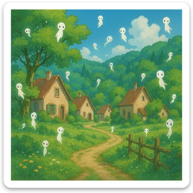 peaceful village with lush greenery and floating spirits, ghibli style sticker