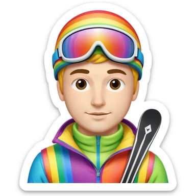 A gay man skiing in a rainbow outfit sticker