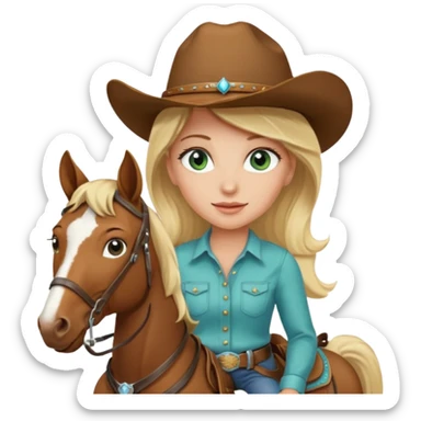 one blonde with light blue green eyes cowgirl on a horse sticker