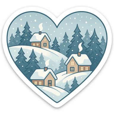 heart with a snowy village theme, clean digital illustration sticker