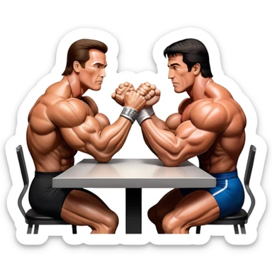 Arnold Schwarzenegger and Sylvester Stallone from 'Over the Top,' locked in an arm wrestling battle, using only their right hands. Their left hands rest on the table. Both display immense strength, with muscular arms flexing, under bright competition lights. Transparent background. sticker