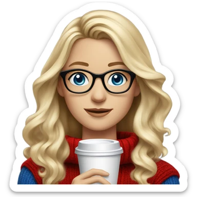 Blonde balayage long hair white women red sweater blue eyes and small glasses holding coffee sticker