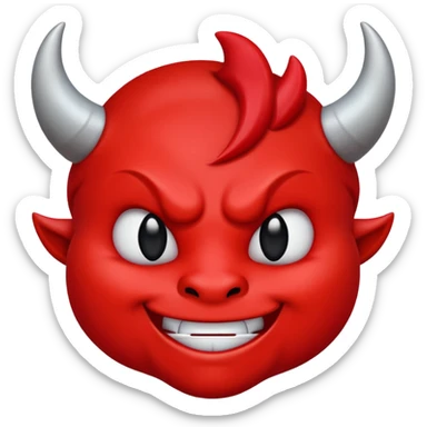 CARTOON STYLE EMOJI of a RED DEVIL FACE with small HORNS pointing up, BLACK EYES, and a MISCHIEVOUS SMILE. The entire face is RED with a smooth glossy texture. BACKGROUND is PURE WHITE, clean and simple. sticker