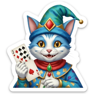 crazy colorful cute little cat jolly joker from poker, medieval, vintage, court jester, mac os icon, blue color, holds a single poker card on the right paw sticker