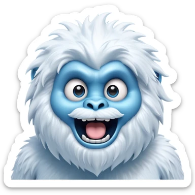 Cinematic Comical Yeti Portrait Emoji, with a cartoonishly exaggerated, fluffy figure in cool, frosty whites and icy blues, head tilted in an overly surprised expression with wide, comically sparkling eyes and a quirky, open-mouthed grin, simplified yet hilariously detailed, glowing with a soft frosty outline capturing the meme-worthy fun of a yeti in playful shock! sticker