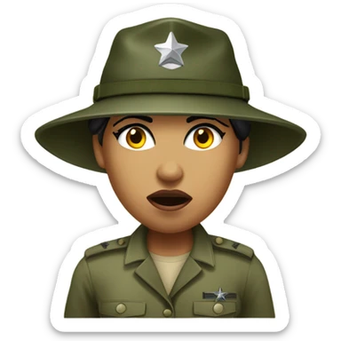 a female drill sergeant showing full torso wearing a classic sergeant hat and a camouflage army shirt. The character should have an angry intense expression.  sticker