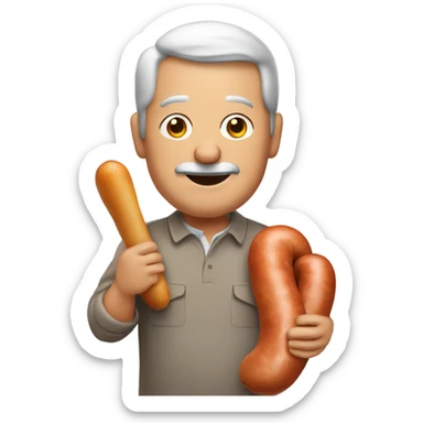 50-year-old man holding a big sausage sticker