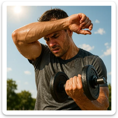 uomo fitness che si allena in estate, tutto sudato, con una mano fa un curl manubri mentre con l'altra mano si asciuga il sudore dalla fronte, espressione affaticata in volto sticker