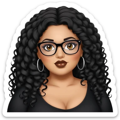 big plus size, latina, darker tan skin, long black curly hair, baddie,pretty, makeup, lipgloss, black eyeliner, long hair, black top, black glasses sticker