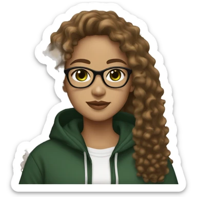 Lightskin girl with dark green eyes and light brown long curly hair with a black hoodie and wit skinny framed white glasses sticker