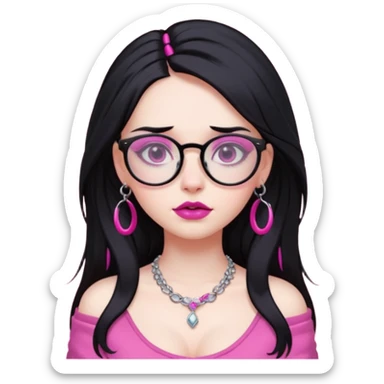 pale girl with multiple piercings, long black hair with pink tips, dramatic makeup, glasses, prominent bust sticker