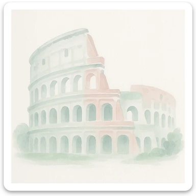 Colosseum in watercolor style with white, green, and pink pastel tones sticker