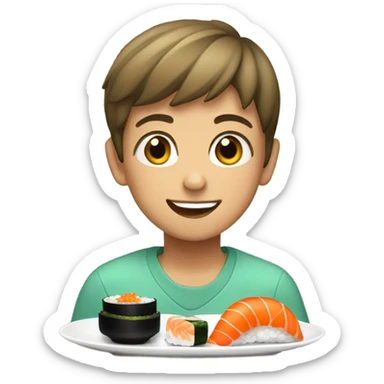 make a teen boy with short hair eating sushi  sticker