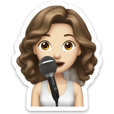 a girl with brown long layered middle parted hair, hazel eyes, pale skin, dark lips, singing into a microphone sticker
