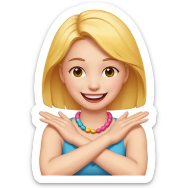 A woman with arms crossed holding neck laughing emoji sticker