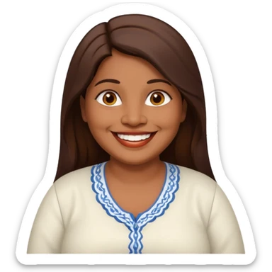 50 yr old chubby Sri Lankan woman, dark skin, straight brown hair, big smile, white teeth, european clothes, longer hair sticker
