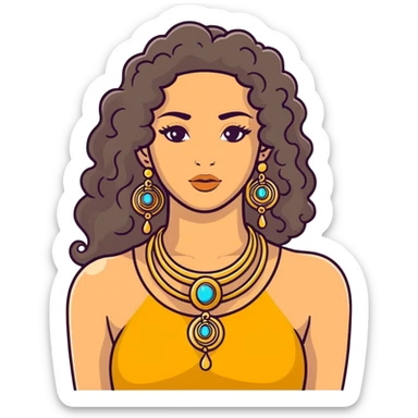 attractive Greek woman with long curly hair and light skin wearing gold Greek jewelry sticker