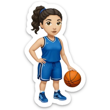 full body plus size light skin latino women basketball player with wavy dark hair in pony tail wide nose wearing blue uniform with green accent sticker