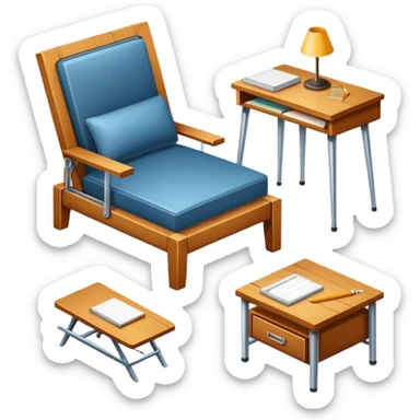 Icon for Furniture Design: a furniture drawing with 3D models of furniture pieces placed on top, accompanied by rulers and a pencil. The icon should represent the design process with focus on precision and modeling. Transparent background. sticker