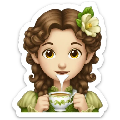 Brown haired victorian elf sipping tea sticker