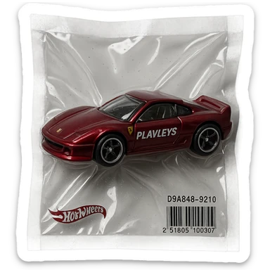 burgundy Hot Wheels Ferrari toy car with 'PLAVLEYS' lettering on the body, shiny and inflated, vacuum-sealed style sticker