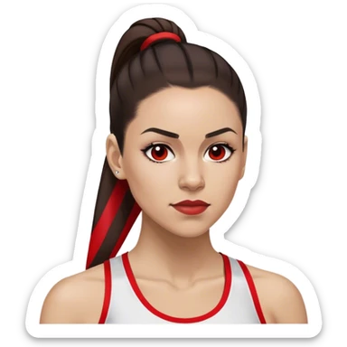 Melanie chisholm with a dark brown high ponytail with a red streak through it, wearing athletic attire sticker