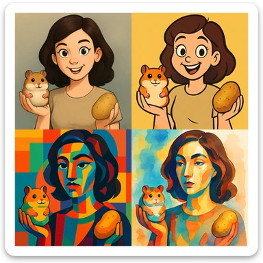 a woman with a hamster in her left hand and a potato in her right, different art style sticker