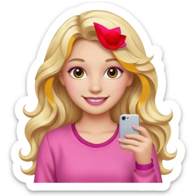 blonde girl, long wavy hair, pink clothes, trendy heavy makeup, smiling sticker