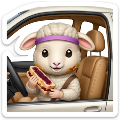 cute baby sheep eating peanut butter and jelly driving in a bmw x1, holding a peanut butter and jelly in hand sticker