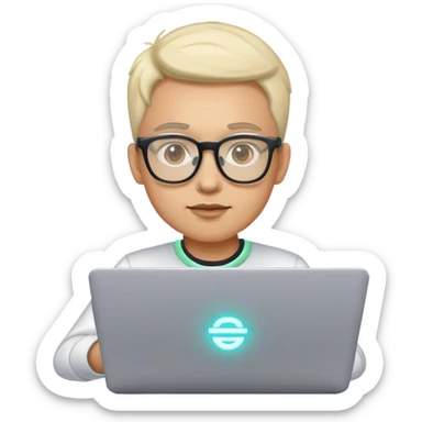 An emoji of a person with a laptop wearing glasses and with a slight neon glow sticker