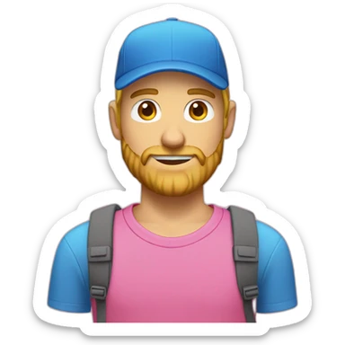 a guy in a pink shirt, blond, with a short beard in a blue cap, sticker