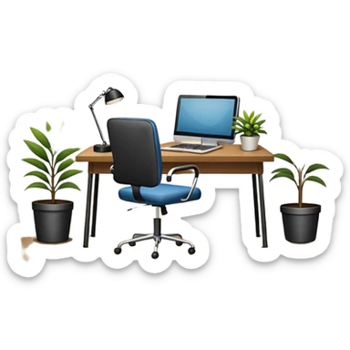 imagen de una oficina moderna con escritorio, silla, notebook, agenda y una planta con un cartel que diga en español ESTARÉ FUERA DE OFICINA sticker